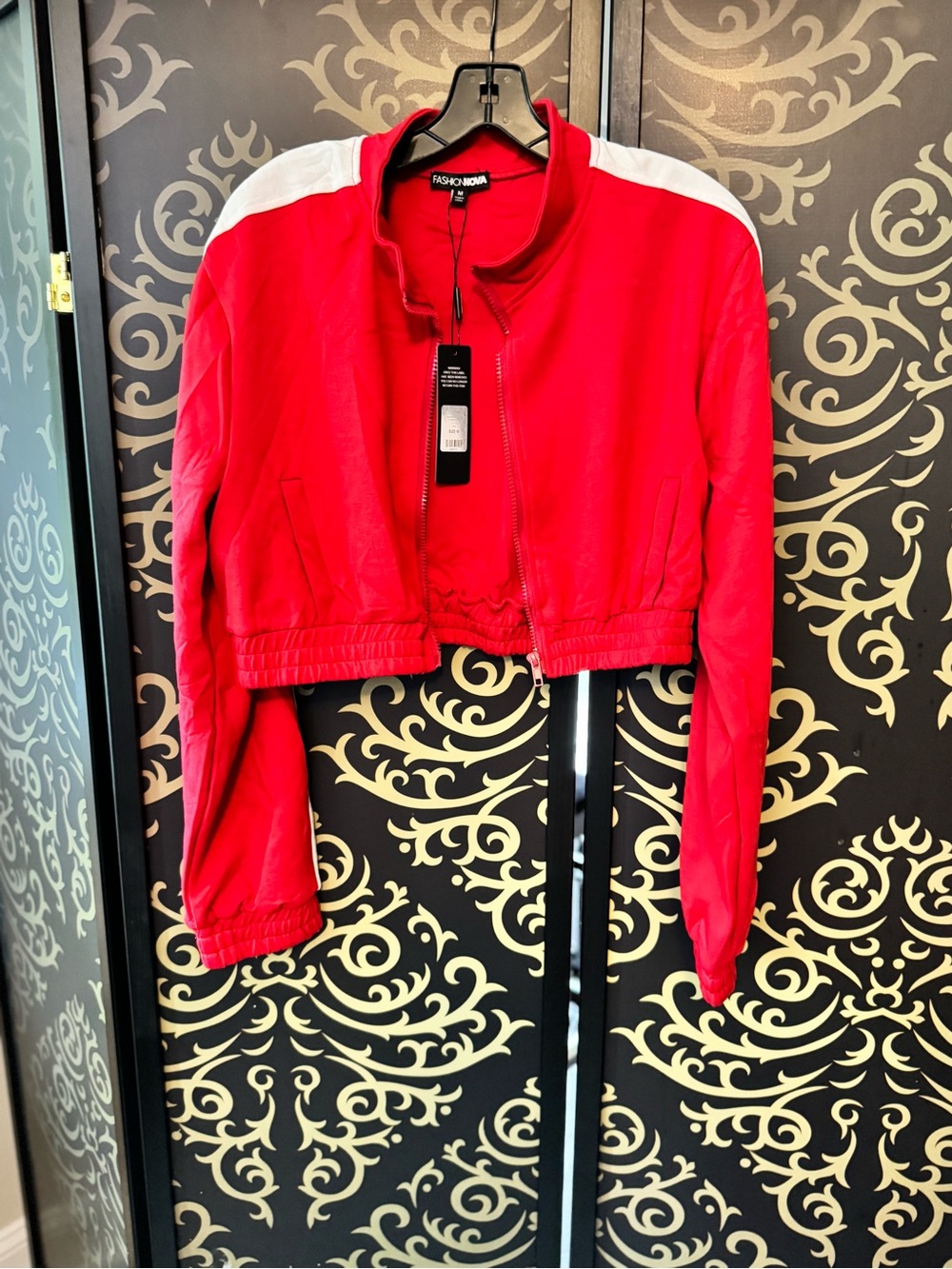 Fashion Nova Bright Red Zippered Cropped Track Jacket